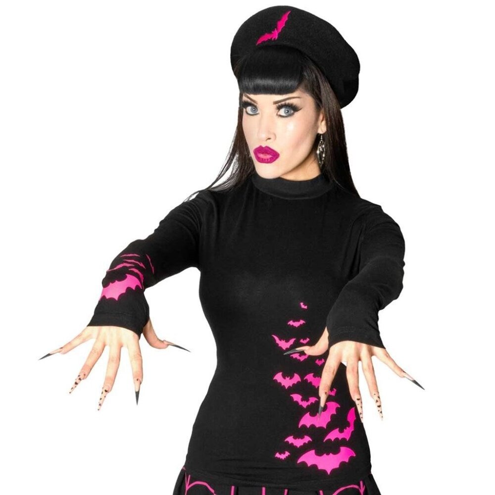 Black Pink Flocked Bats Long Sleeve Top Thumb Holes S-M-L-XL-2XL-3XL - Picture 2 of 4